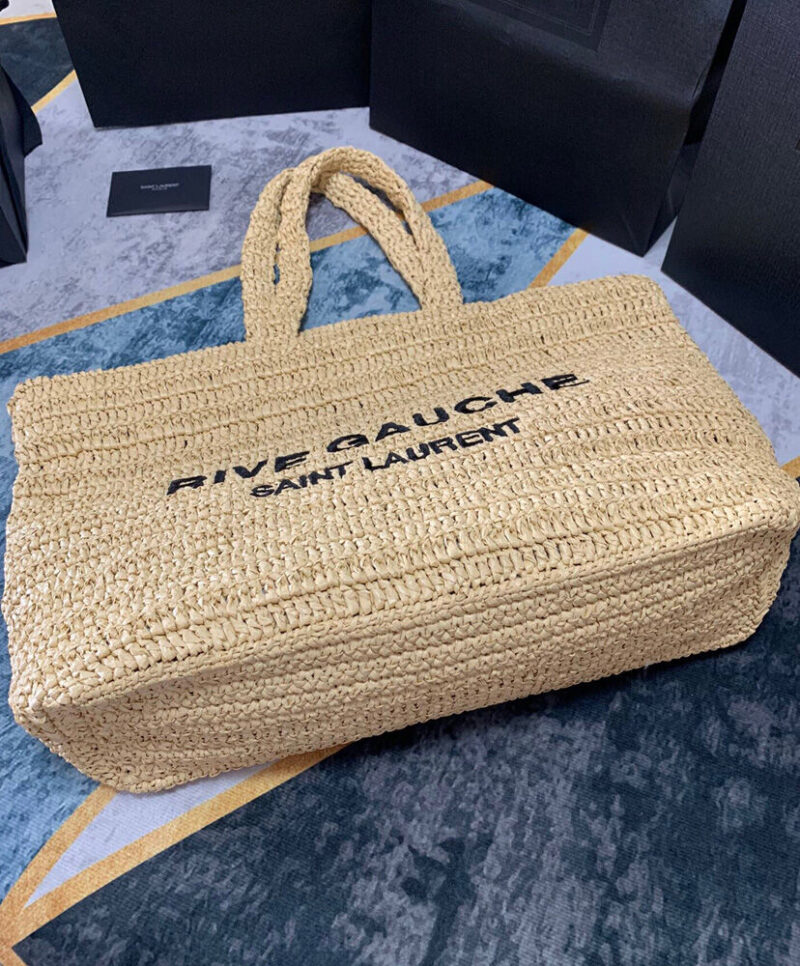 Saint Laurent Rive Gauche Supple Tote Bag In Raffia Crochet Apricot